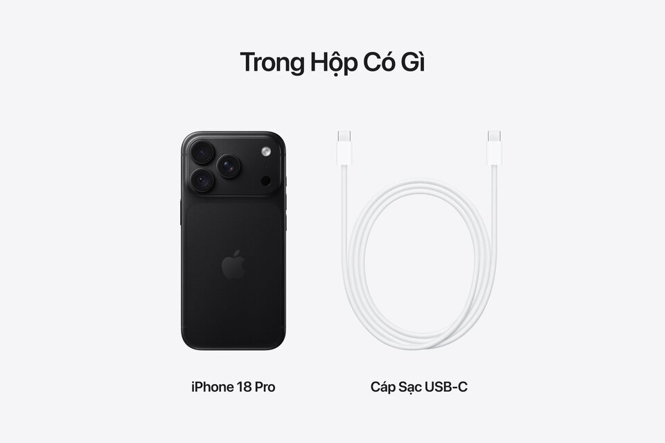 iPhone 18 Pro màu Đen và cáp sạc USB-C trong hộp iPhone 18 Pro màu Đen và cáp sạc USB-C trong hộp